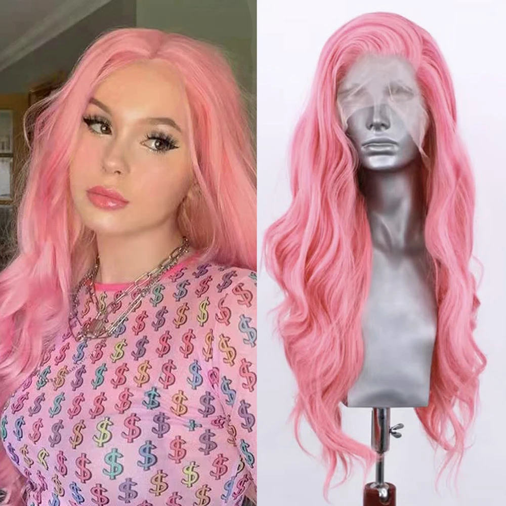 Syntetyczna koronkowa peruka z przodu Body Wave Koronkowa peruka dla kobiet Różowa peruka Odporna na ciepło włosy Długa fala Peruka Pastelowy róż Codzienne użytkowanie Cosplay