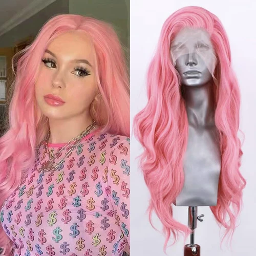 Peluca de encaje Frontal sintético, peluca de encaje ondulado para mujer, peluca rosa, pelo resistente al calor, peluca ondulada larga, rosa Pastel, uso diario, Cosplay