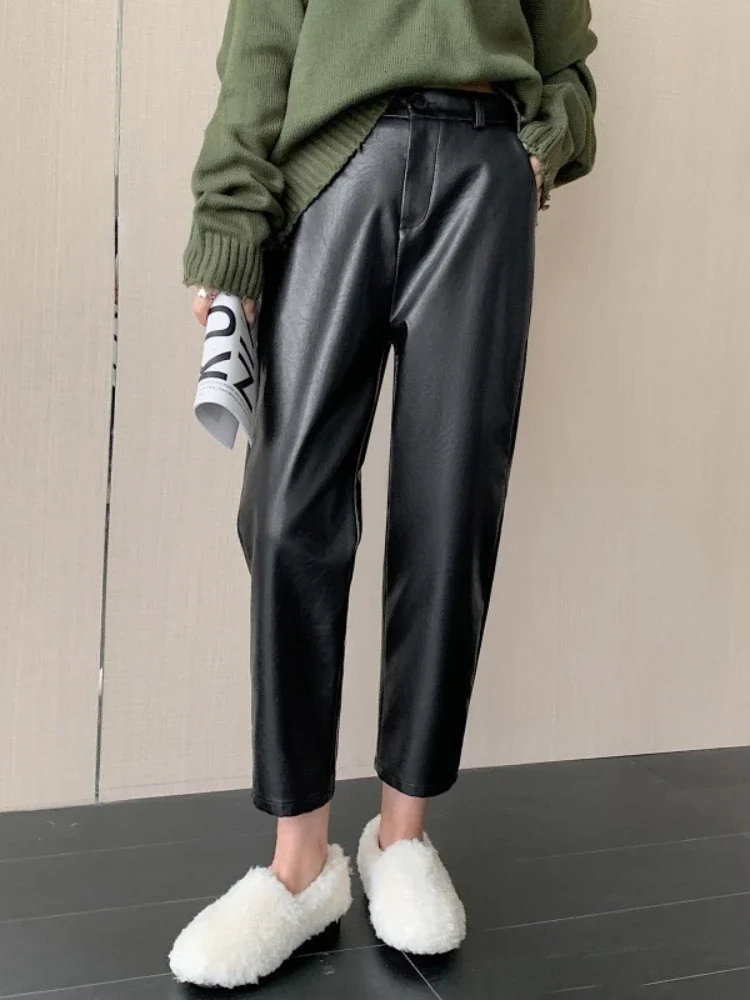 

Black PU Leather Pants Autumn Winter New Elasticity High Waisted Cropped Boots Fashion Y2k Casual Slim Haren Trousers Women