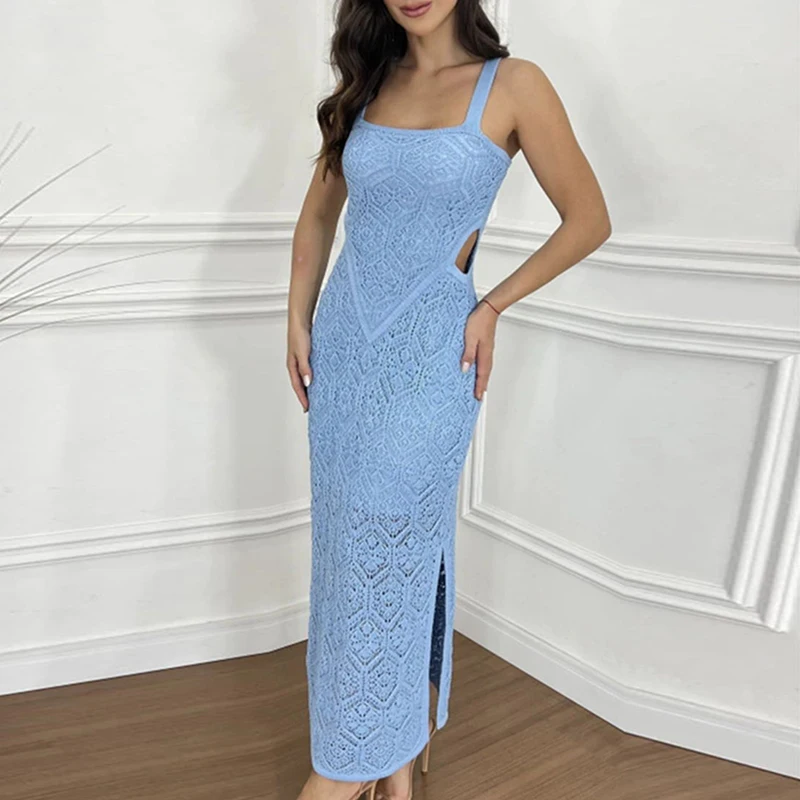 Casual Off Shoulder Side Split Party Dresses Sexy Hollow Crochet Beach Women Dress 2025 Summer Sleeveless Slim Solid Long Dress