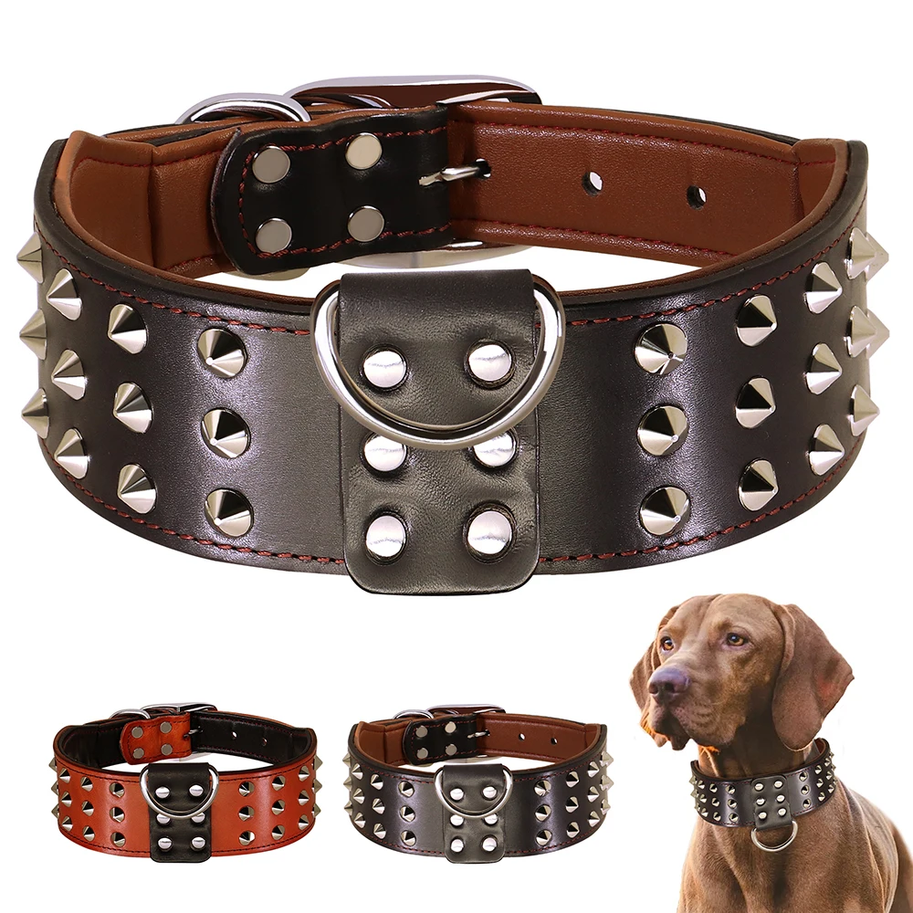 Real Lether Dog Collar Cool Spiked Studded Big Dogs Necklace Durable Adjustable Pet Leather Collar For Medium Large Dogs Pitbull