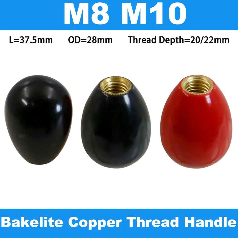 1Pcs M8 M10 Length 37.5mm Oval Knob Handle Sleeve Bakelite with Brass Insert Female Thread Machine Handle Replacement Black/Red