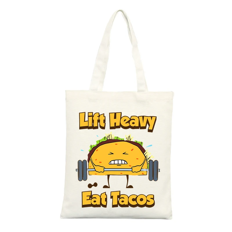 Canvas Tote Bag with Taco Weightlifting Graphic and Slogan Print, Casual Style for Daily Shopping and Gym Outings
