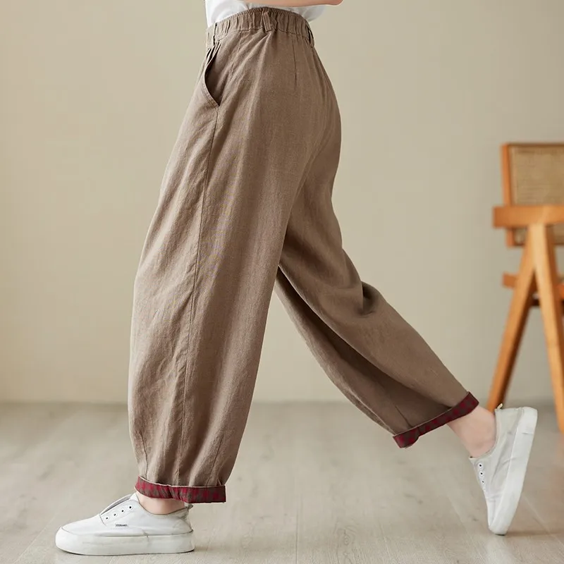 

2024 Spring Summer New Arts Style Women Elastic Waist Loose Ankle-length Pants All-matched Casual Cotton Linen Harem Pants P631