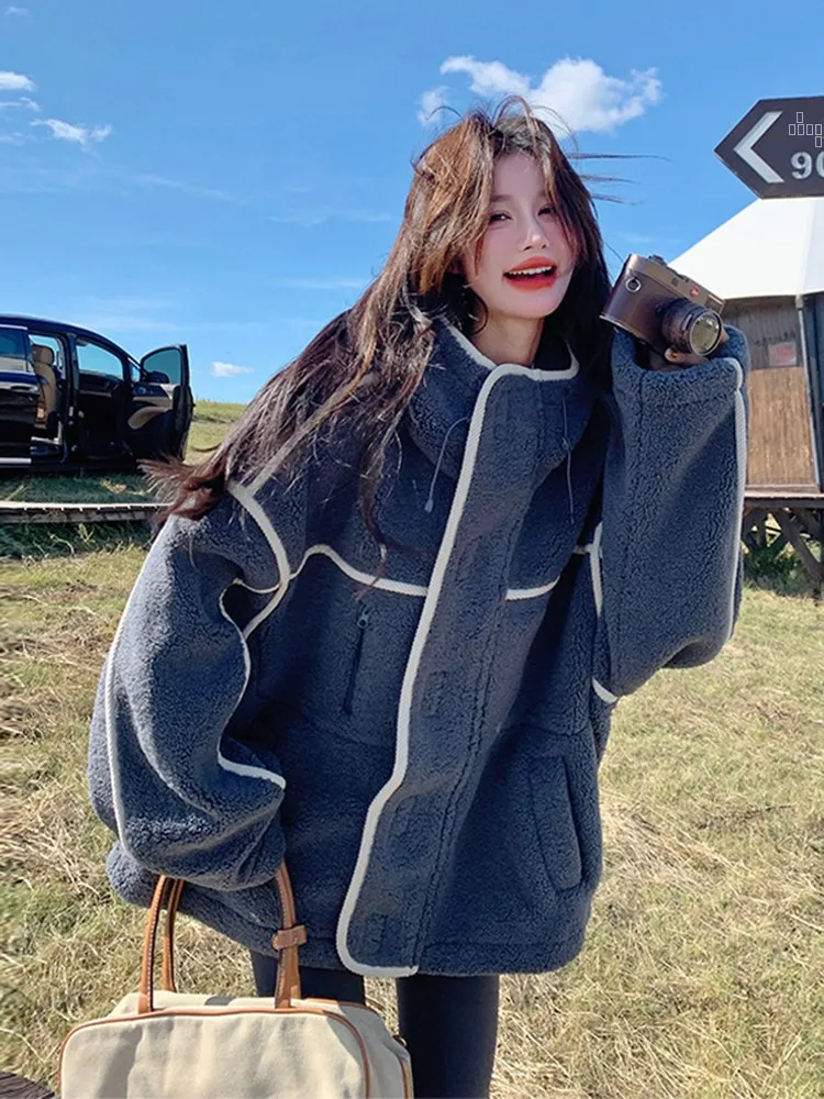 

Women's Lamb Fur Jaet Quilted Vest Warm Thiened Autumn Winter Coat Casual Straight Cut with Hat Coat Fem Slim Fit