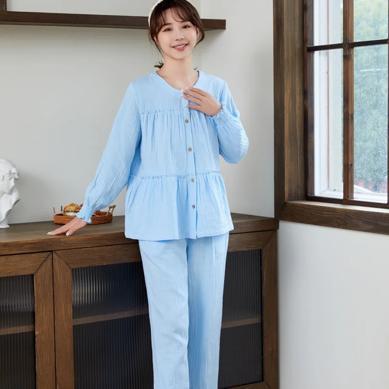 Autumn New Cotton Home Clothes Women's French Court Style Sleepwear Long Sleeve Pants Pajama Set Fashion Blue Fresh Nightwear