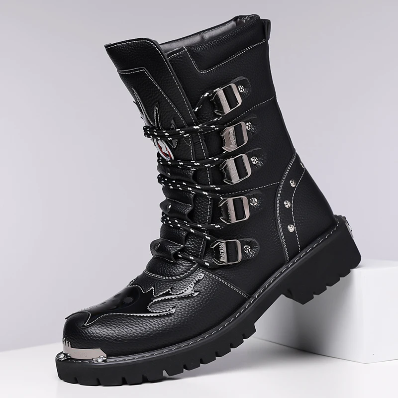 Black Men Boots Chelsea Fashion Trend Tactical Platform Boots Leather Military Boot Men Brand Motocycle Boots Size 38-46