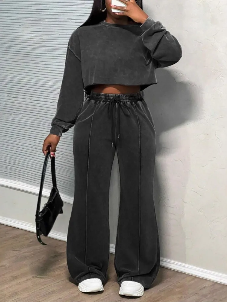 

Autumn Top Pants Sets For Women New Casual Long Sleeve O Neck Solid Short Sweatshirt Trousers 2 Piece Set Woman Streetwear Suit