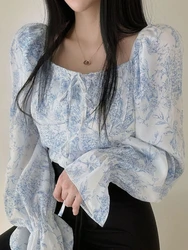 Korean Fashion Shirts French Elegant Square Collar Puff Sleeve Lace Up Print Blouses Spring Autumn All Match Women Clothing 2024