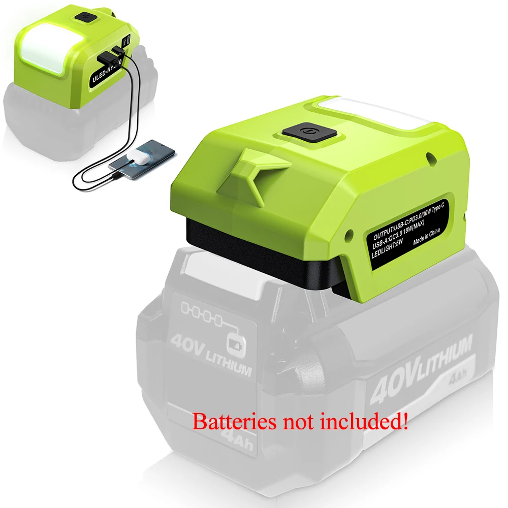 

Power Tool Parts for Ryobi 40V Li-ion Battery USB Type-C Charger Power Bank Adapter Converter 5W LED Work Light OP4040 OP4050