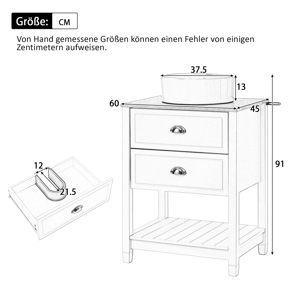 Einzelwaschbecken mit 2 Schubladen und offenem Aufbewahrungsfach. Waschbeckenunterschrank mit rundem Keramikwaschbecken. Stehender Badezimmerschrank – Detail 7