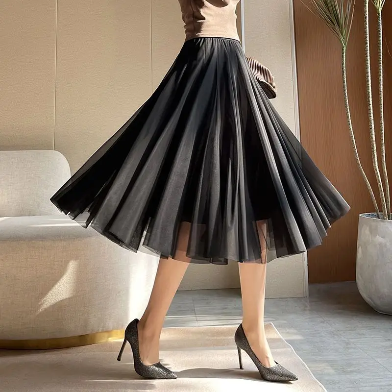 

Spring Summer Women's Clothing Elastic High Waisted Solid Color Casual Gauze Patchwork Pleated Ball Gown All-match Knee Skirts