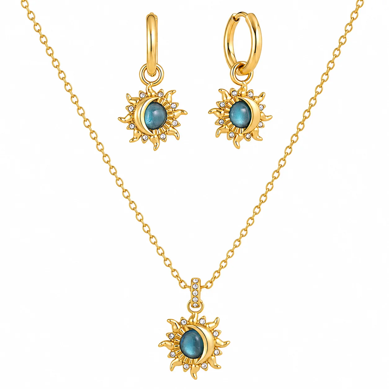 Sun Moon Jewelry Set for Women Stainless Steel Gold Color Necklace Hoop Earrings Blue Resin Rhinestone Celestial Pendant