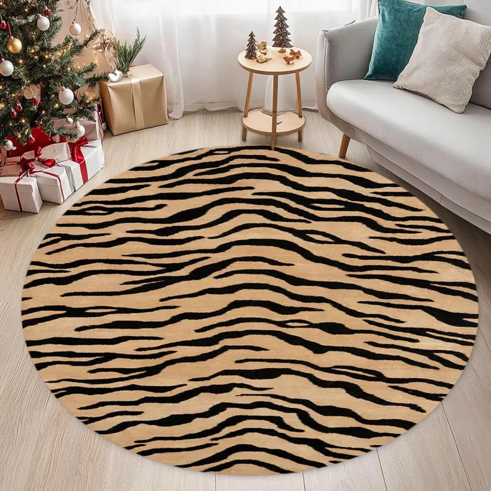 Leopard Tiger Print Circular Carpet Animal Pattern Printed Carpet Anti Slip Entrance Door Mat Living Room Bedroom Decoration Rug