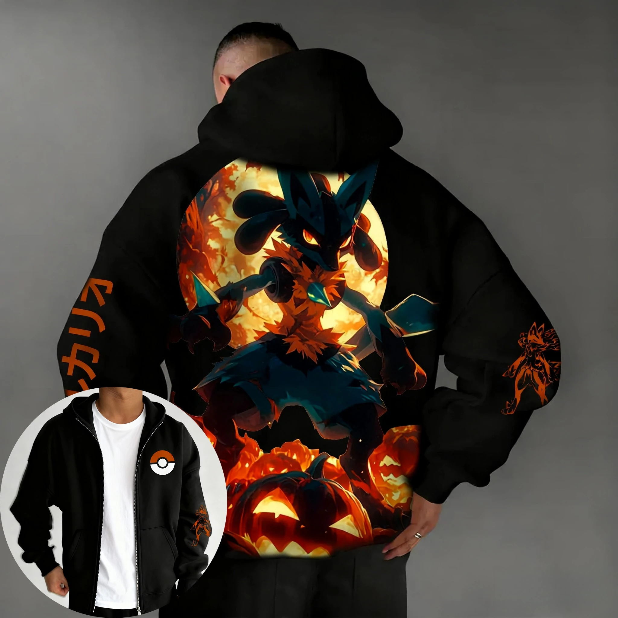 Pokémon Halloween Co Branded Zipper Hoodie 2025, Sommer Herren New Lucario Anime Print American Hip-Hop Casual Loose Sweater Top