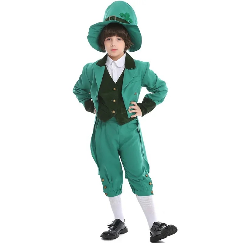 Kids Leprechaun Costume Boys St Patricks Day Green Outfit Irish Goblin Cos Suit Halloween Carnival Party Dress Up Clothing PS66