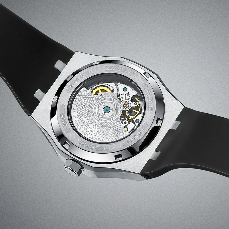 Mark Fairwhale Men Automatic Watch 42mm Sport Mechanical Wristwatch 50M Waterproof Luminous Skeleton Rubber Strap Planet dial