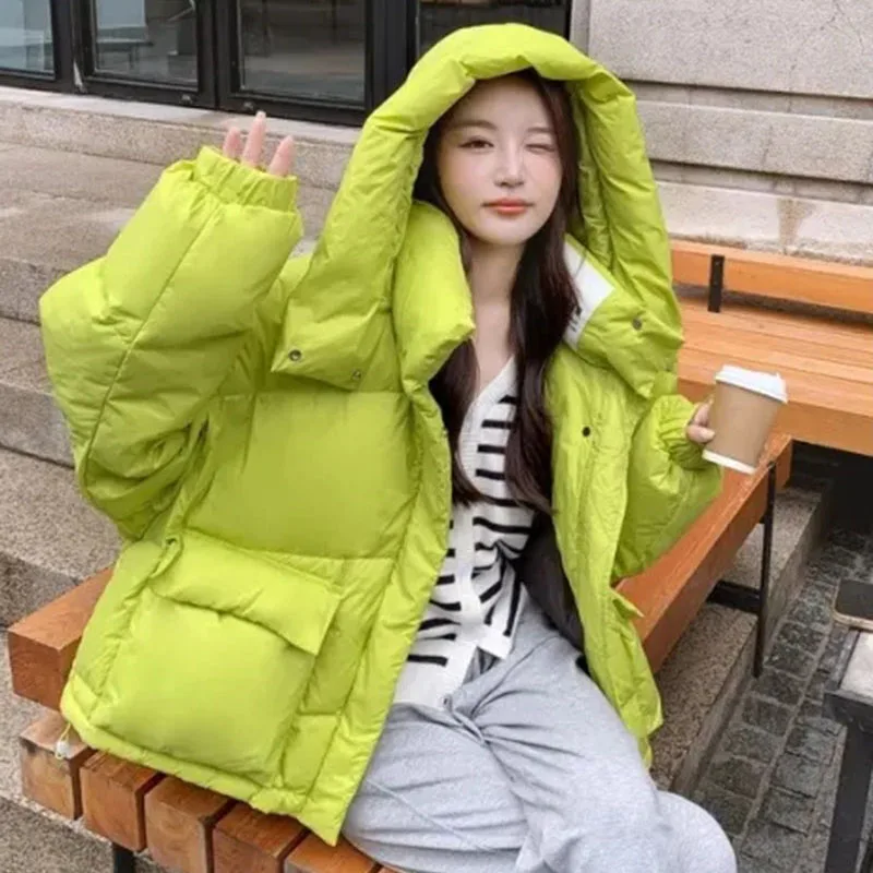 Green Down Jacket Women Fashion Casual Big Pockets Winter Cotton Coat Hooded Streetwear Thicken Warm Lady Outerwear