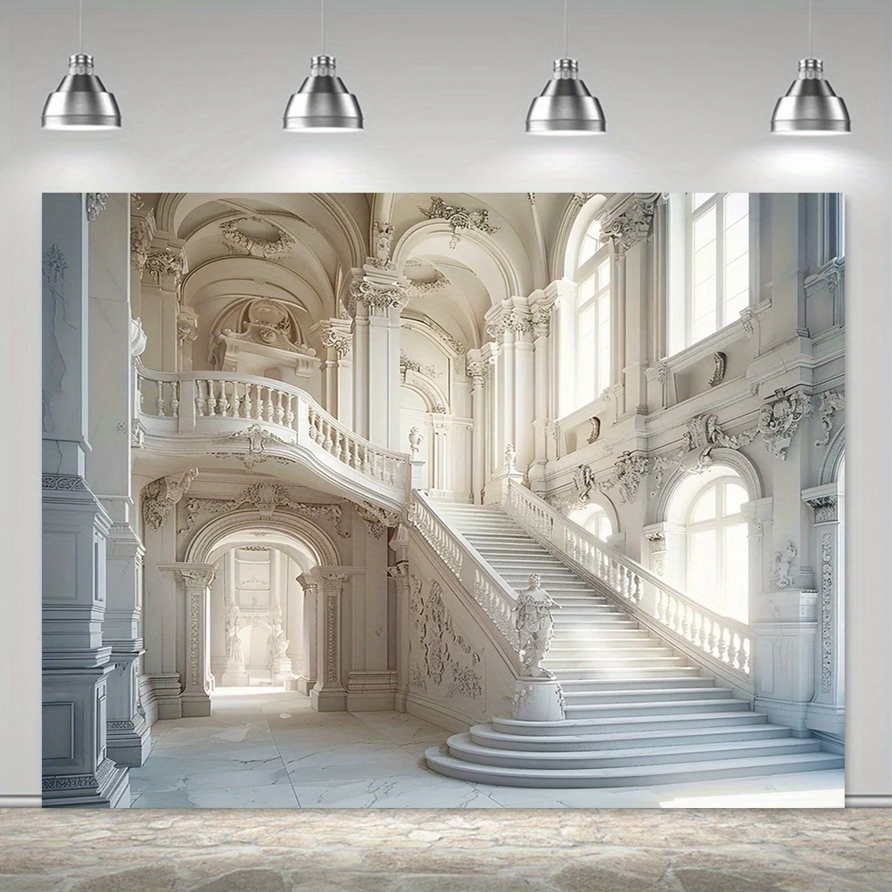 Luxury palace background photography, European white castle Royal interior stairs, polyester wedding ceremony background cloth