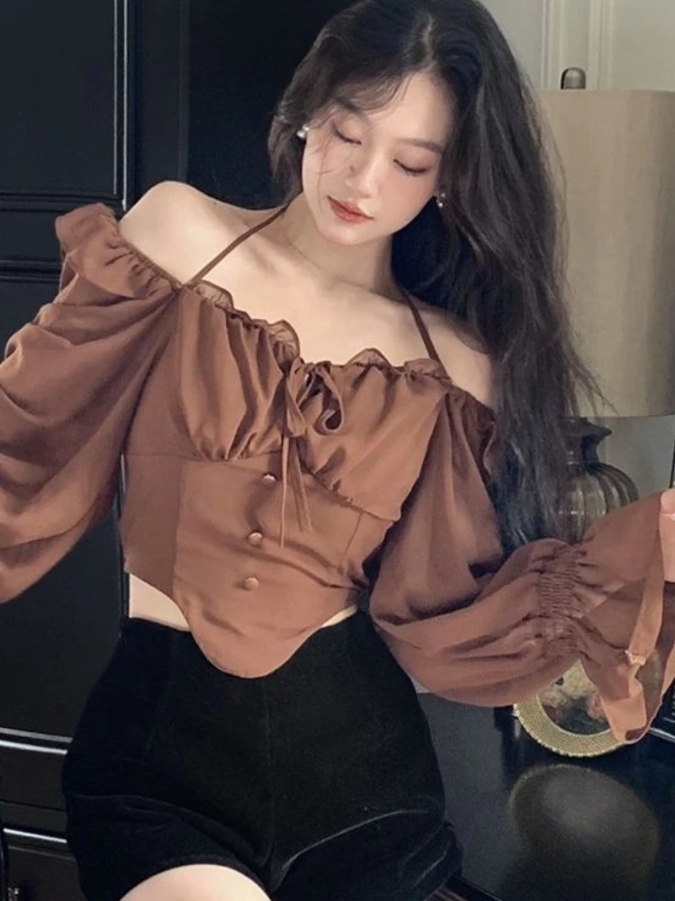 Blouses Women Slim Summer Comfortable Fashion Hotsweet Simple Daily Pleated Slash Neck Popular Streetwear Flare Sleeve Design