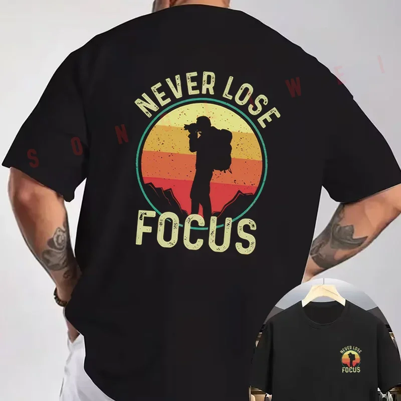 NEVER LOSE FOCUS Vintage Gradient Mountain Climber Motorcycle Double-Sided Print T-Shirt Men Short Sleeve O-neck Casual Tops