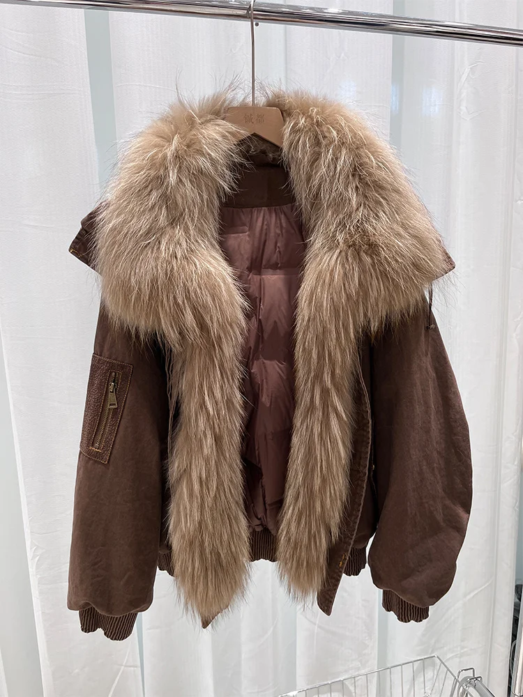 2025 New Fashion Winter Women Goose Down Jacket Natural Raccoon Fur Collar Parkas Luxury Puffer Jackets Cusual Clothing