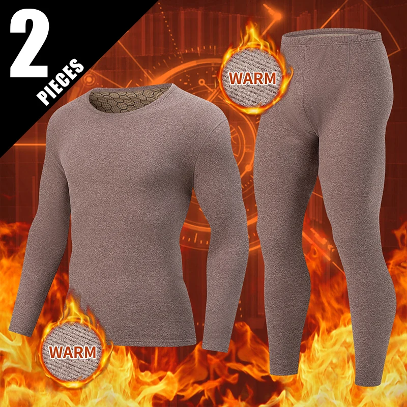 

Осень/зима, комплект из 2 предметов, мужской теплый комплект нижнего белья, однотонный модный топ с нашивкой, круглый вырез с контролем температуры, удобные брюки