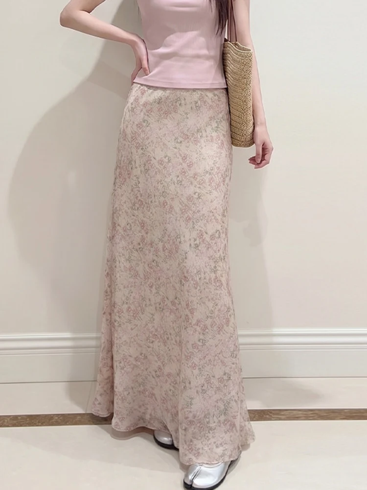 

Floral Fashion Long Skirts Women Sweet Elegant High Waist Skirt Summer Casual Chic Loose Female Cute All Match Soft Skirt Ins