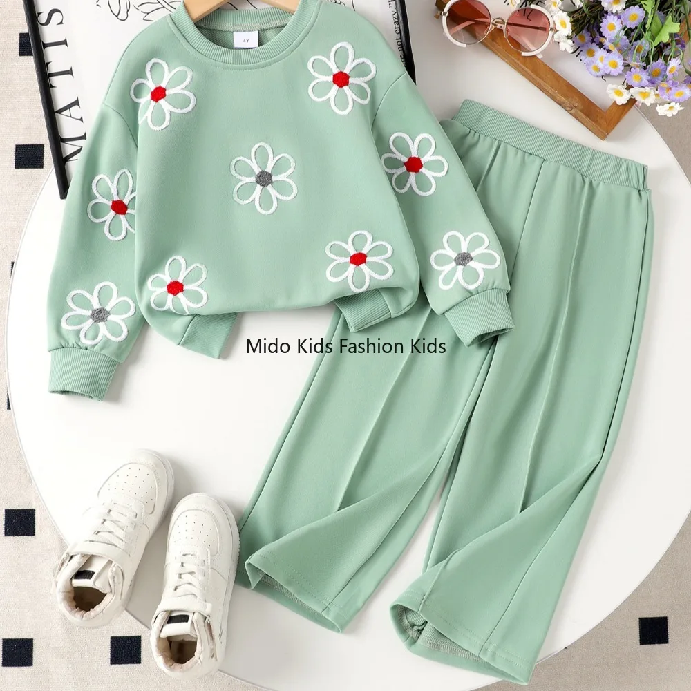 fall-european-american-style-girls-two-piece-set-mint-green-flower-print-casual-long-sleeve-long-pants-kids-outfit