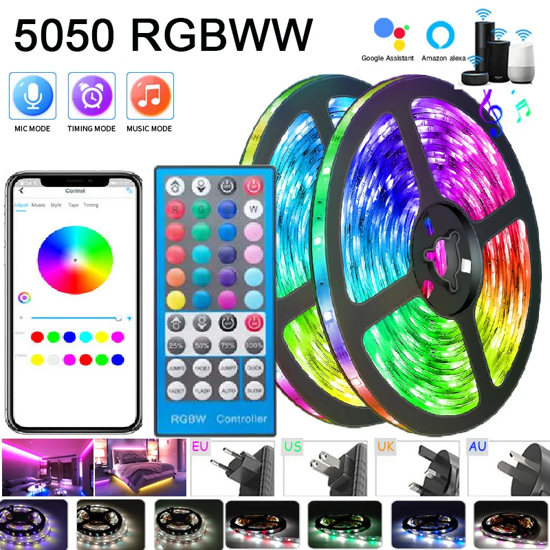 RGBWW LED Strips Lights 15M WIFI Waterproof RGB LED Light Flexible Ribbon Tape 25M 5050 LED Strip Bluetooth APP + Adapter