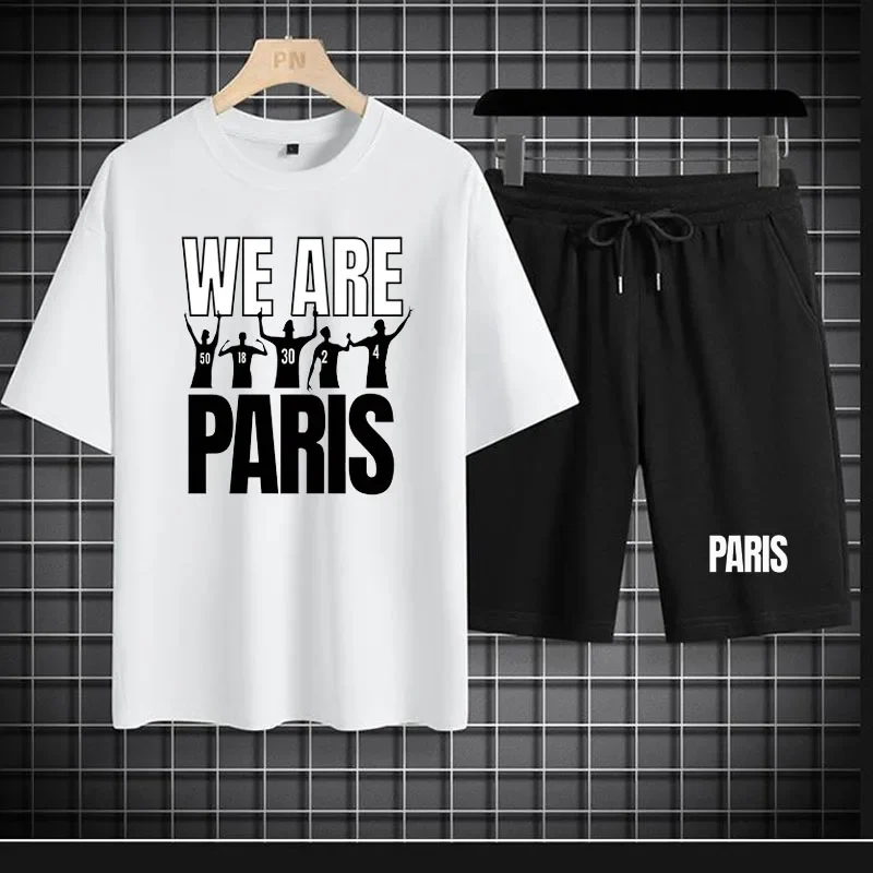 Cotton Short Sets Men Set PARIS Football Team T-Shirts Shorts Summer Sport Suit Men Casual 2 Piece set outfit Short Sets Men