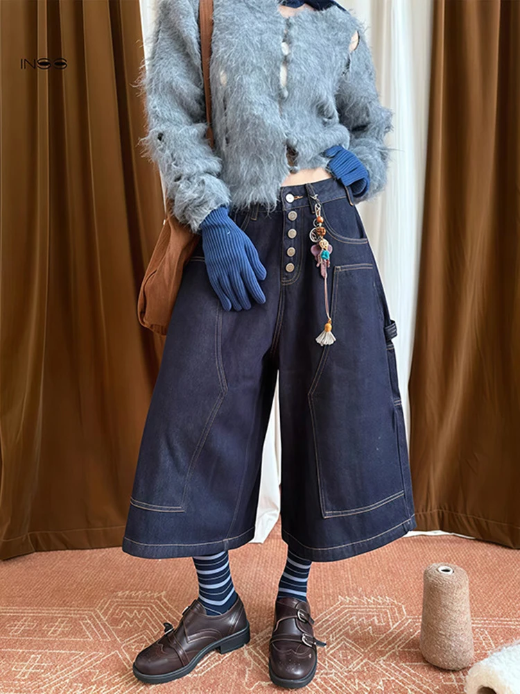 Style américain rétro épais sept quarts pantalon hiver 2025 nouvelles femmes ligne lumineuse poche boucle ample jambe large jean