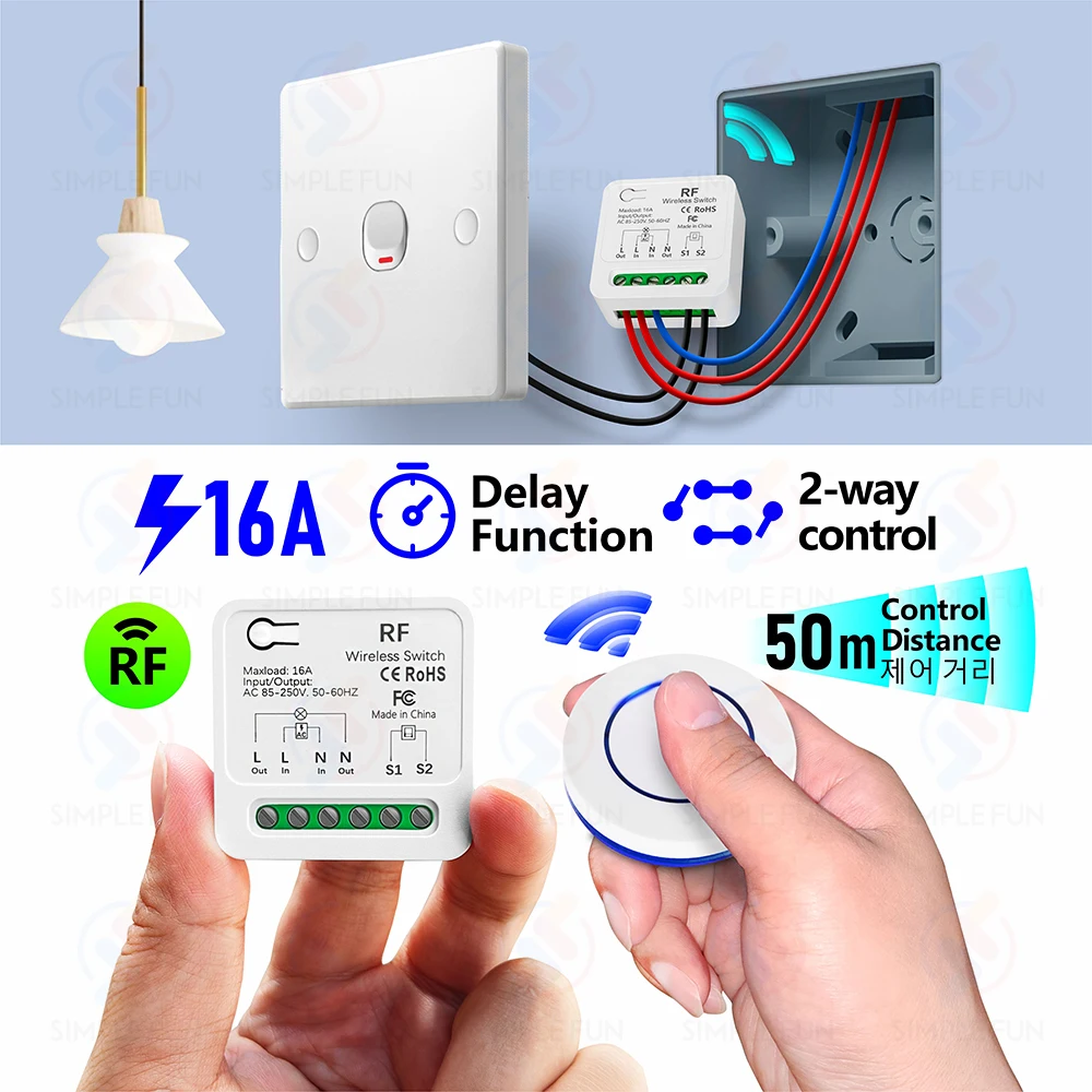 

Wireless Remote Control Light Switch 110V 220V 16A in Wall Box,2 Way Control,Mini 433Mhz Module,50m Transmitter,Timing Function