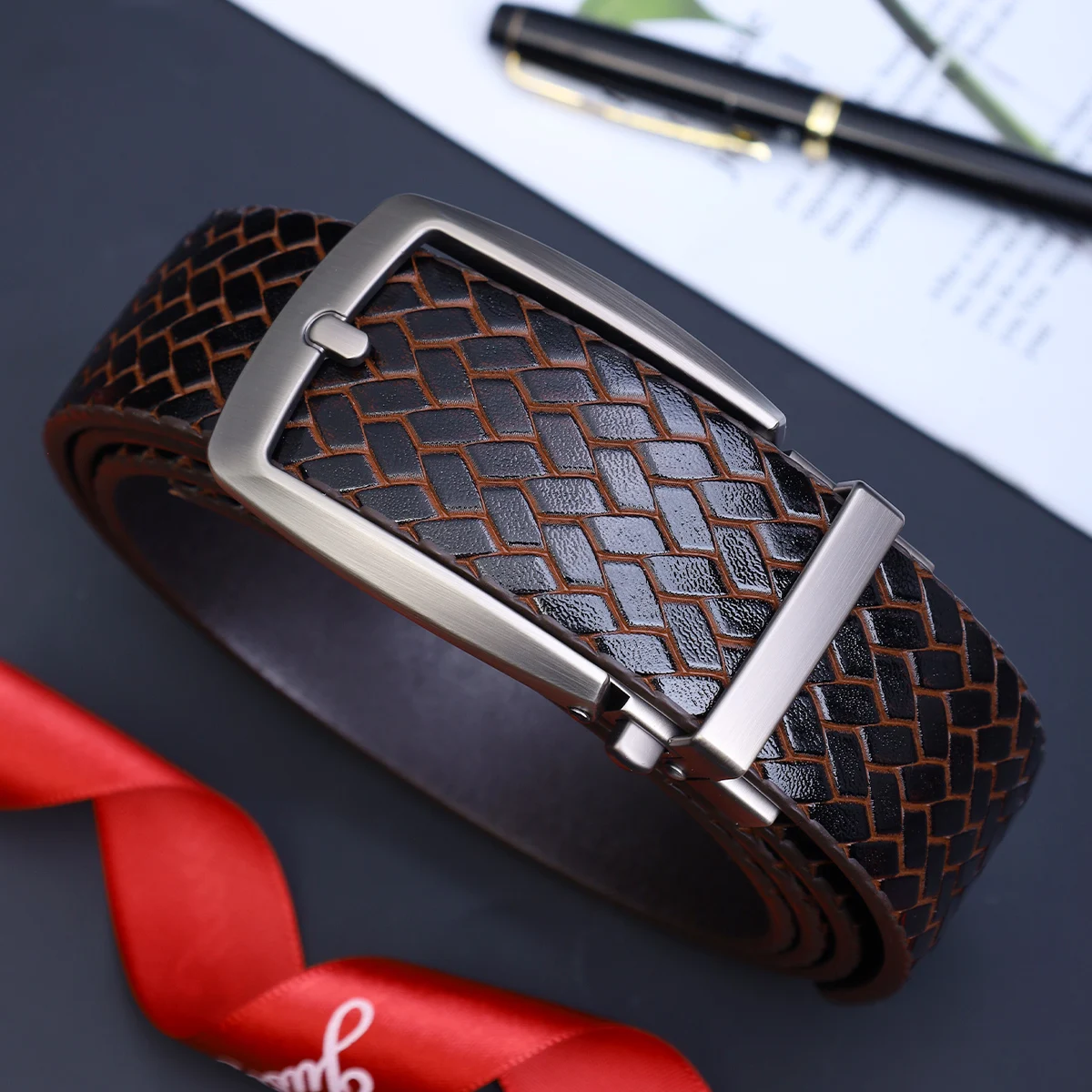 

Ремень для мужчин, высококачественный ремень из искусственной кожи, автоматическая скользящая пряжка, дизайн в деловом стиле