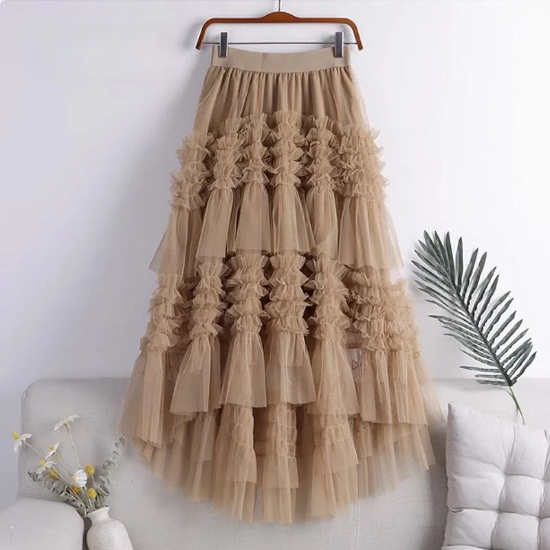 

Юбка-торт трапециевидной формы с высокой талией, юбка Fairy T Me, асимметричный подол, французский шлейф, полиэфирное волокно, Ci Walk, лето 2025 г.