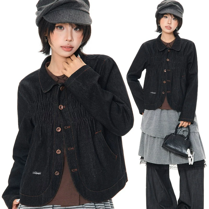 Korean Girl Dark Blue Doll Collar Women's Denim Jackets 2026 Autumn Retro Design Loose Lace Splicing Skirts Pants Sets Ladies