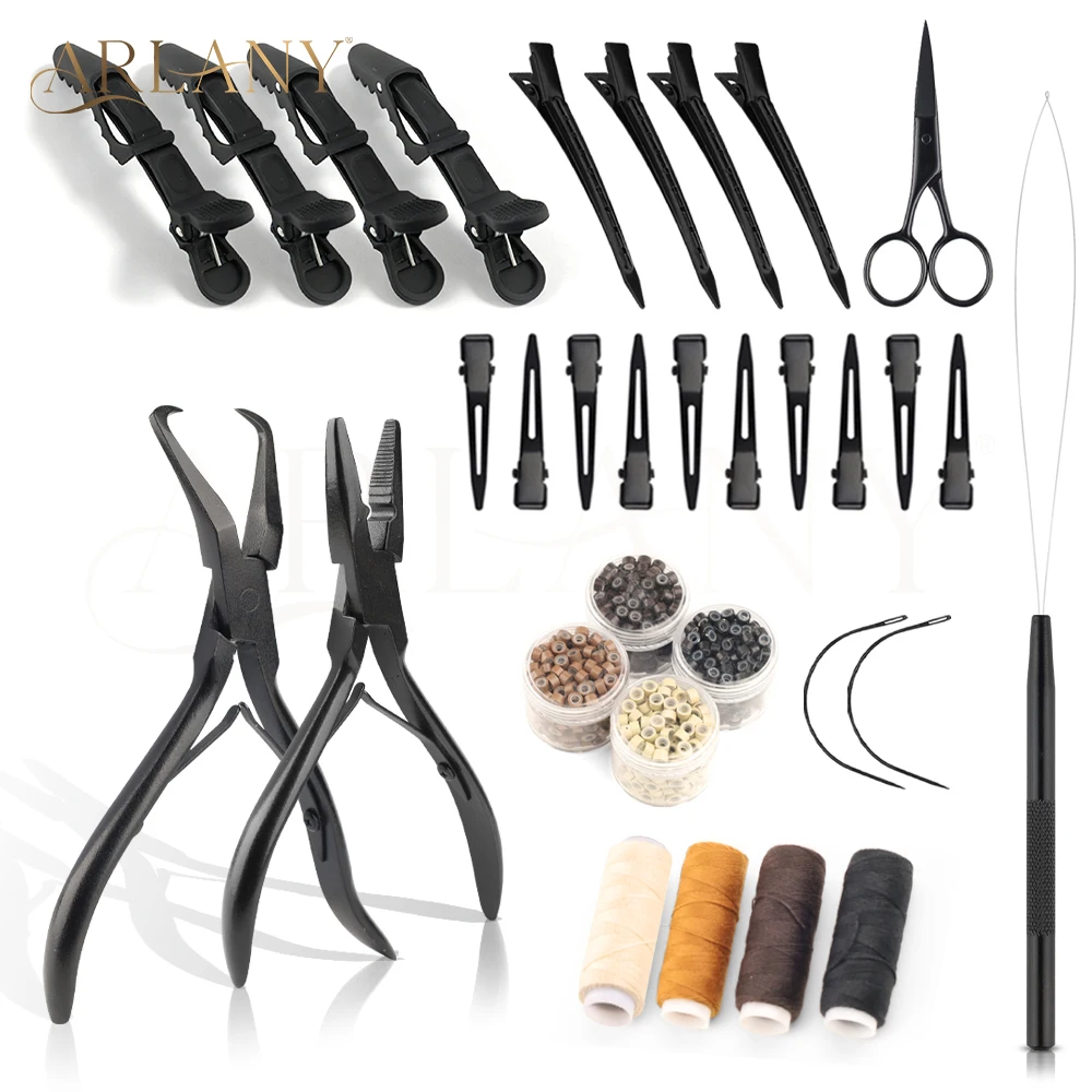 

Набор инструментов для наращивания волос ARLANY Microlinks: 800 шт. силиконовых микрокольцев 5 мм, матовые зажимы для волос, игла для шитья, хлопковая нить