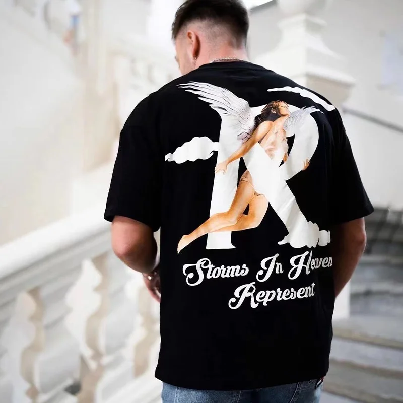 

Angel Print Loose Fit round Ne ort Sve Men's T-irt Casual Summer High Street Sle Cotton Blend Youthful Trendy Top