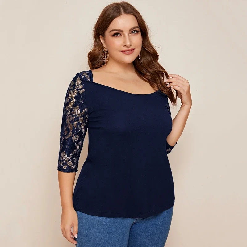 Plus Size Sexy Elegant Fashion Lace Top Women Half Sleeve Solid Blue Summer Spring Sheath A-line T-shirt Blouse 5XL 6XL 7XL 8XL