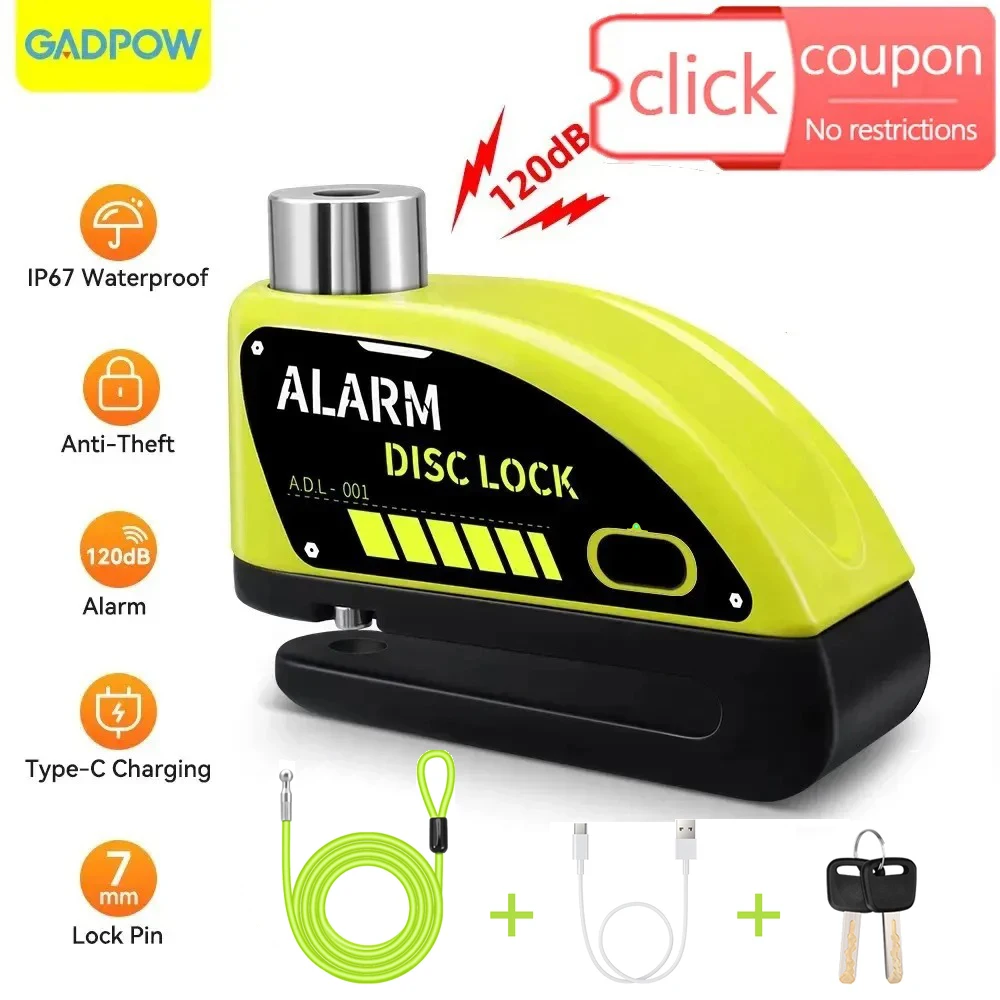 Gadpow Rechargeable Motorcycle Alarm, Cadeado anti-roubo de bicicleta, Impermeável com cordas