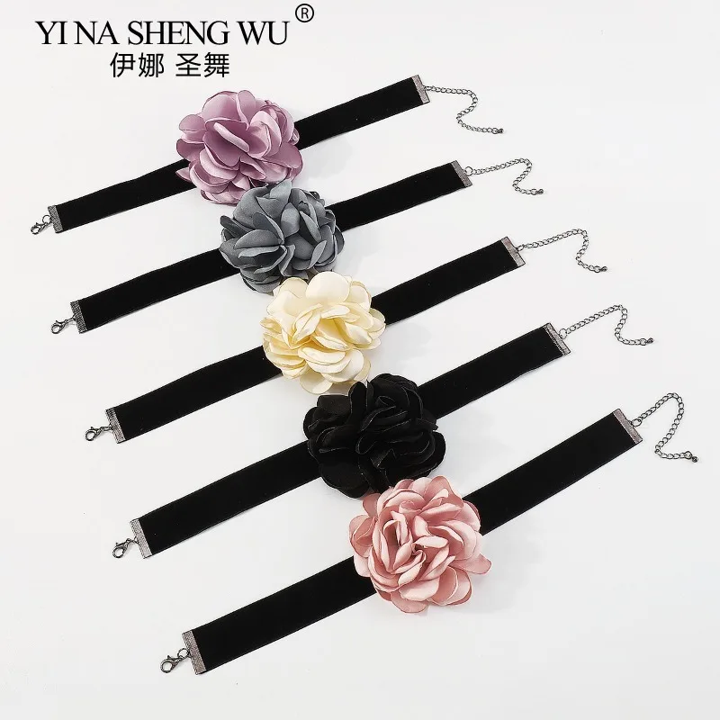 Accesorios de baile para mujer, collar de flores rosas grandes, gargantilla de terciopelo negro, collar de clavícula de actuación de Flamengo de baile moderno