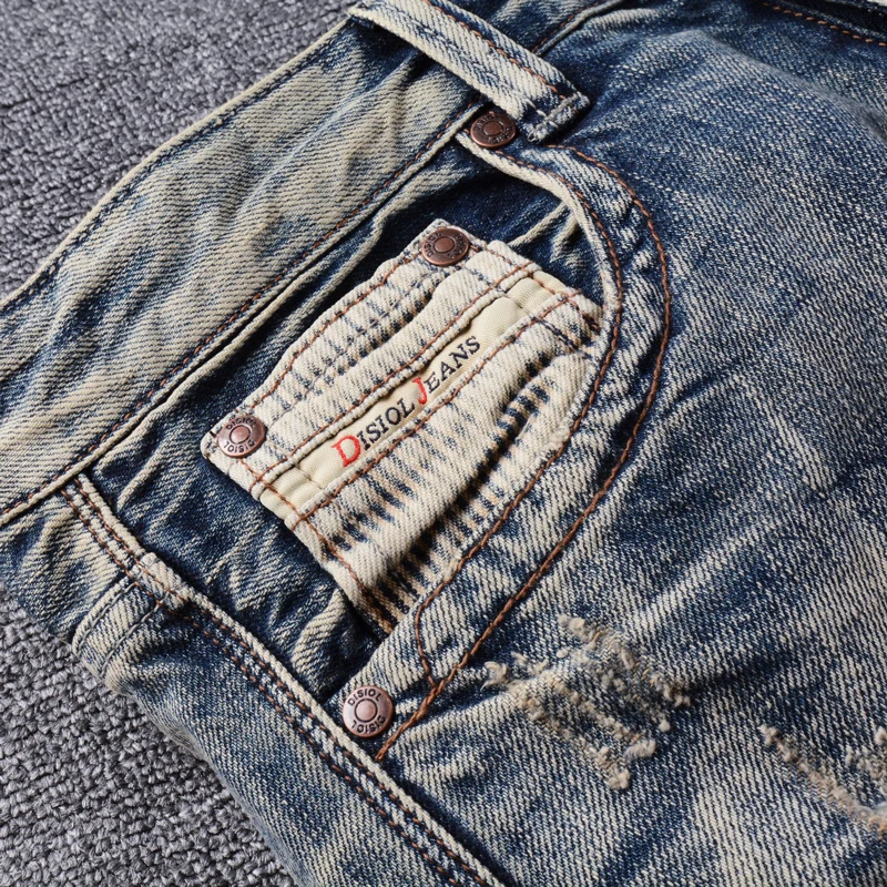 Fashion Designer Men Jeans High Quality Retro Washed Blue Slim Fit Ripped Jeans Homme Embroidery Patched Vintage Denim Pants Men