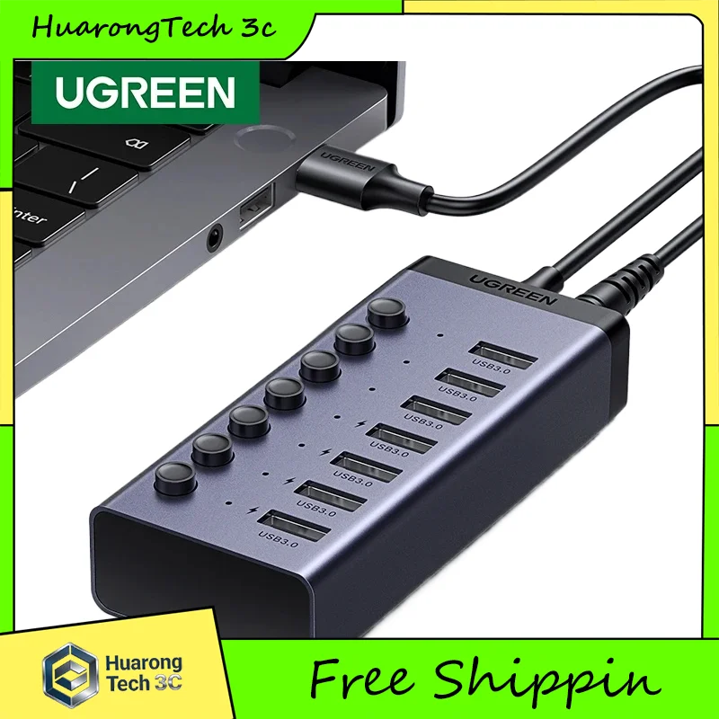 UGREEN USB HUB 7 Ports USB3.0 Splitter 5Gbps with Individual Switch Power Adapter for PC Laptop USB Ports Extender USB-C Docking