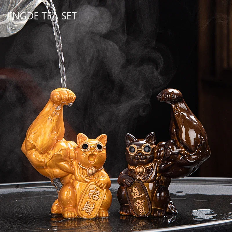 Creative Resin Animal Sculpture Tea Pet Muscle Arm Lucky Cat Color Changing Tea Doll Ornament Opening Gifts Home Decoration