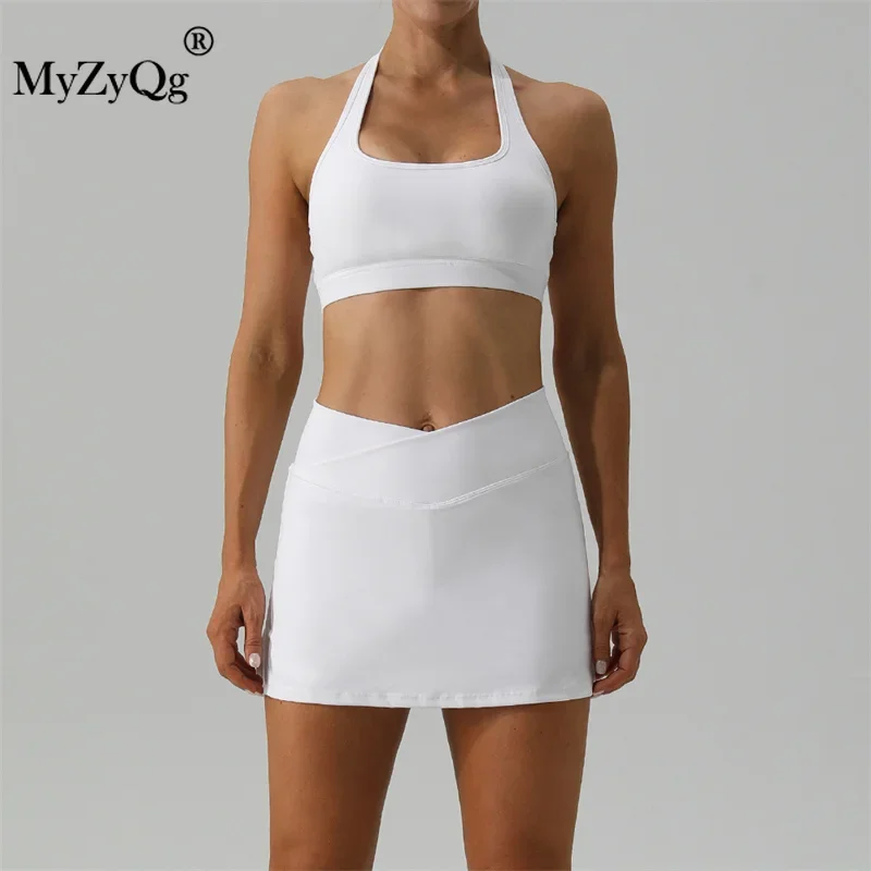 MyZyQg ผู้หญิงชุดฤดูใบไม้ผลิ Nude เทนนิส Bra กระโปรงชุดกลางแจ้ง Quick-drying Running Fitness Wear Halter Vest ชุด