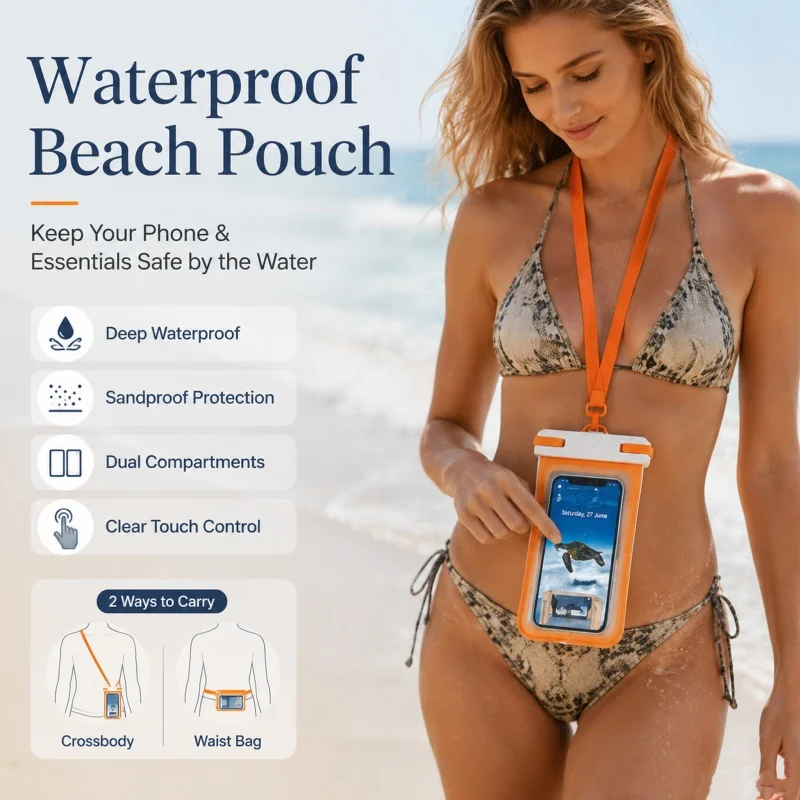 Sac banane étanche en PVC à double compartiment avec pochette tactile pour téléphone, clés, cartes, idéal pour la plage, la natation, les activités aquatiques et les sports de plein air
