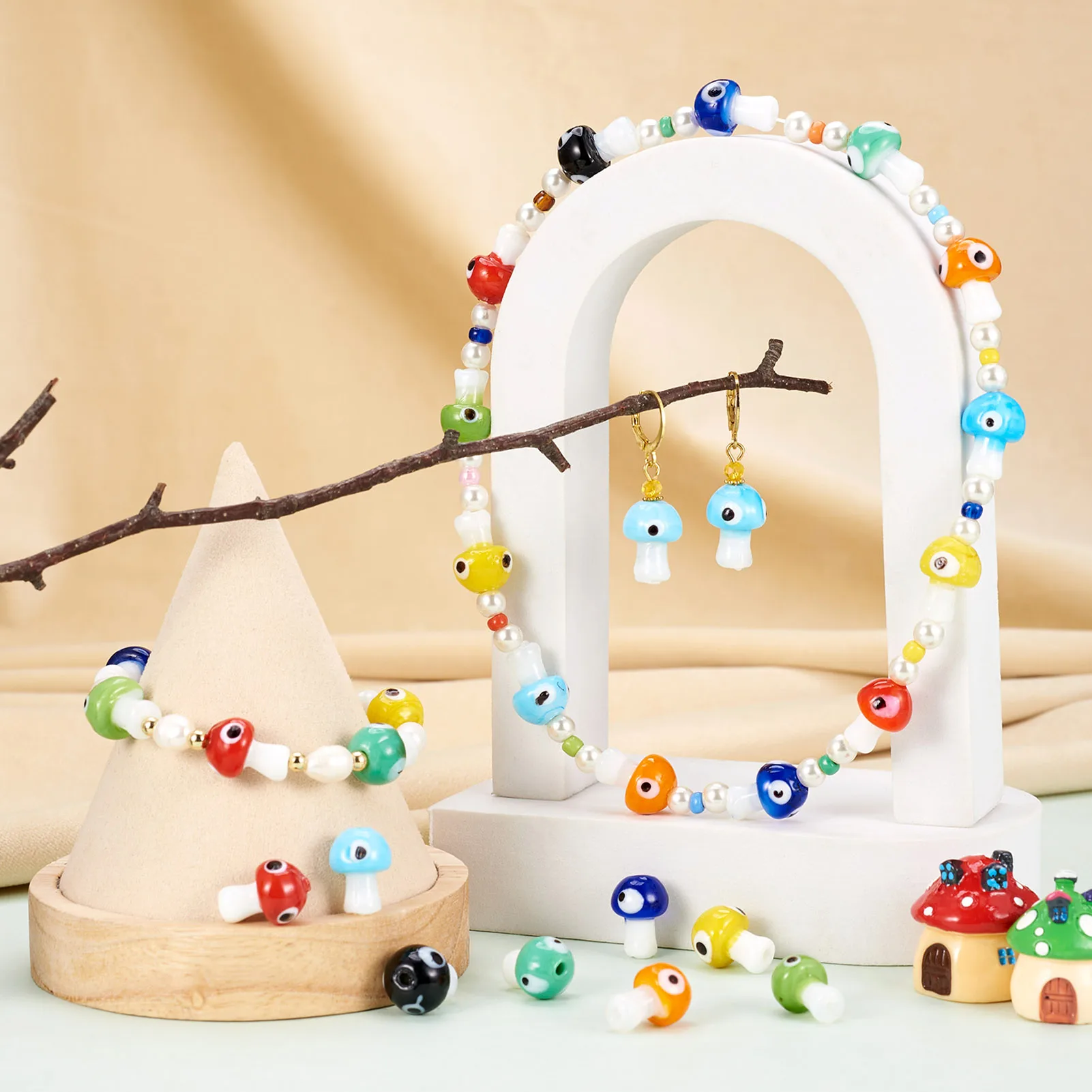 32Pcs 8 Colors Handmade Mushroom with Eye Pattern Lampwork Beads for Earrings Necklace DIY Jewelry Making