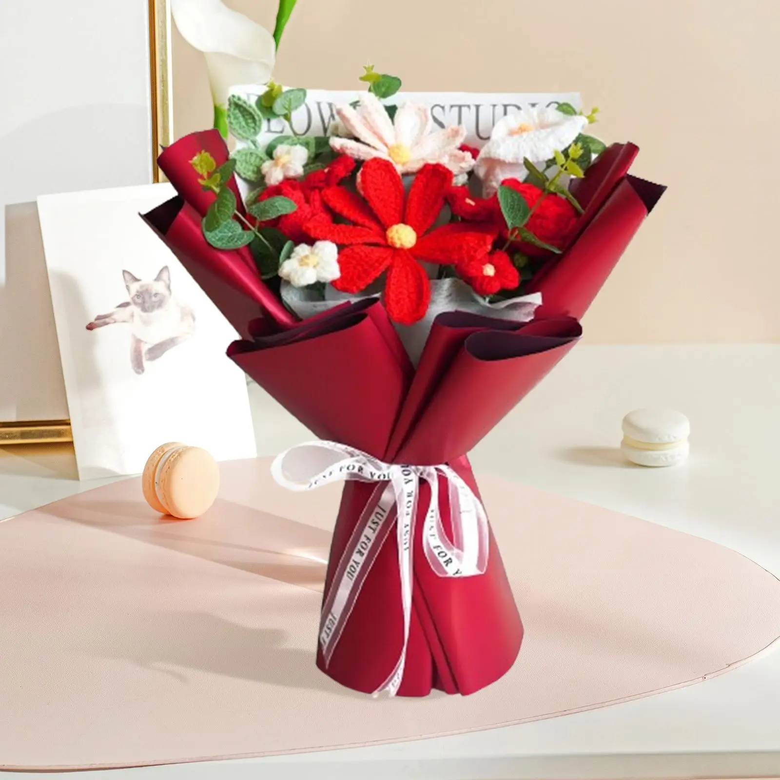 Knitted Crochet Bouquet Handmade Flower Arrangement for Home Table Centerpiece Wedding Decoration Artificial Daisy Yarn Craft