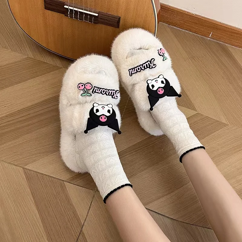 Sanrio Kuromi Plush Shoes Women Outdoor New Thick Sole Fuzzy Slippers Anti Slip Y2k Female Cartoon Korean Style Fashion Slippers