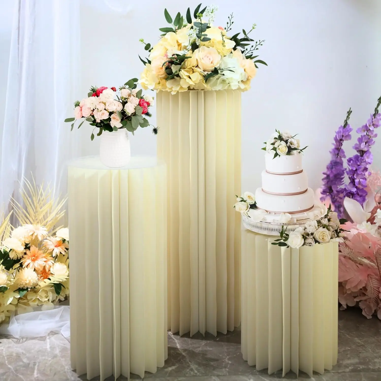 

Buffet Risers Food Display Stand Round Table Cake Dessert Stand for Parties Foldable Paper Columns Display for Wedding Birthday